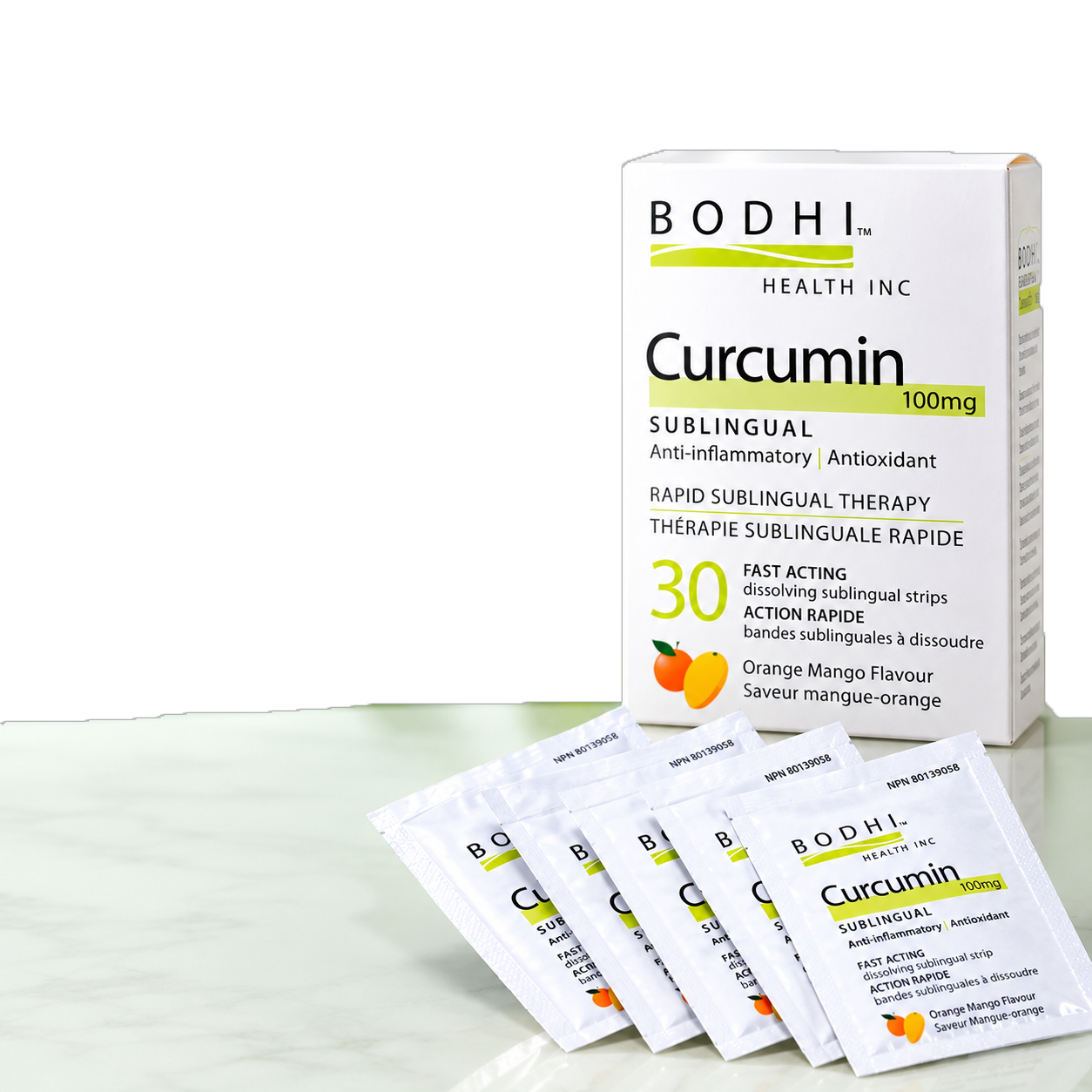 Bodhi Curcumin 100mg sublingual strips, box and sachets